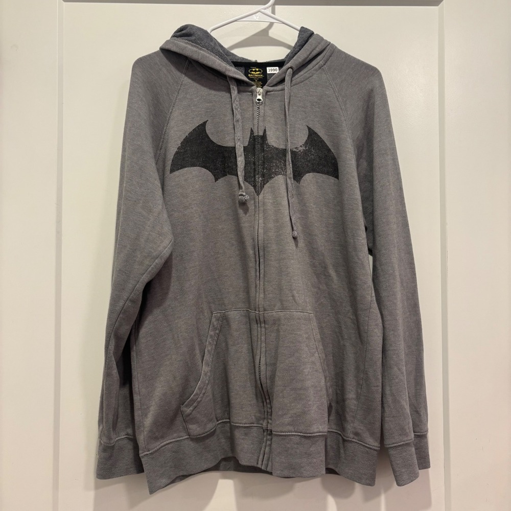 Batman DC Comics Mens Gray Full Zip Hoodie Sweatshirt Distressed Logo Size M